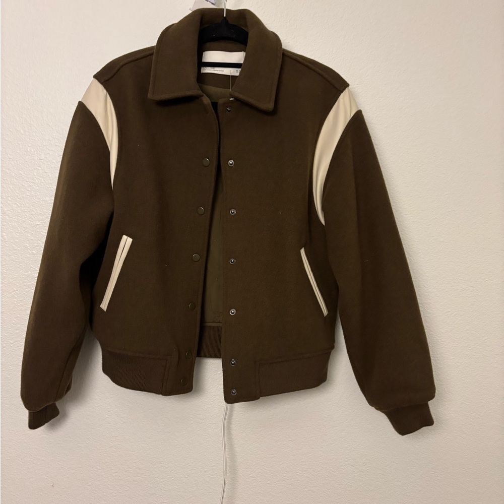 OAK + FORT Brown and Cream Bomber Jacket